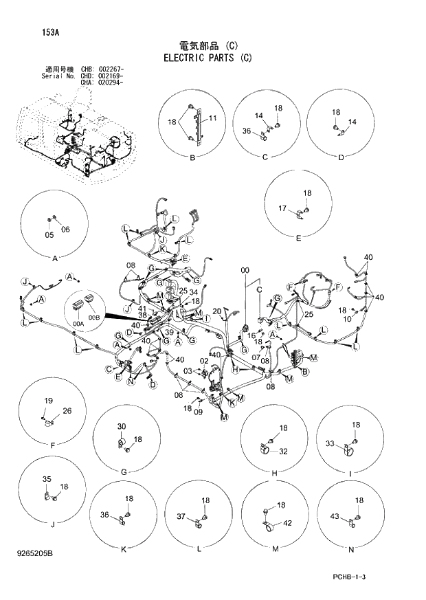 Схема запчастей Hitachi ZX190W-3 - 153 ELECTRIC PARTS (C) (CHA 020294 - CHB 002267 - CHD 002169 -). 01 UPPERSTRUCTURE