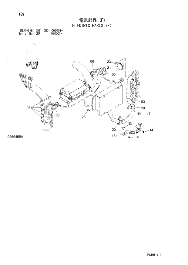 Схема запчастей Hitachi ZX190W-3 - 159 ELECTRIC PARTS (F) (CHA 020001 - CHB - CHB CHD 002001 -). 01 UPPERSTRUCTURE