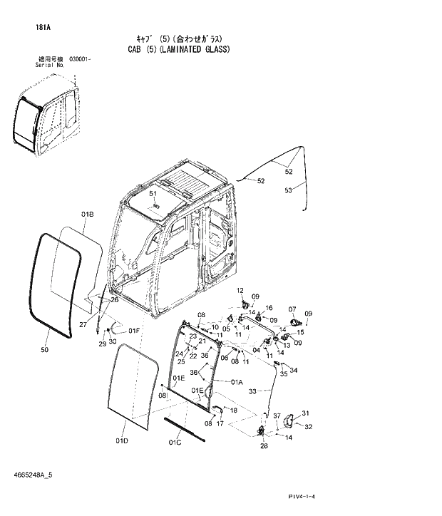 Схема запчастей Hitachi ZX270-3 - 181 CAB LAMINATED GLASS. 01 UPPERSTRUCTURE