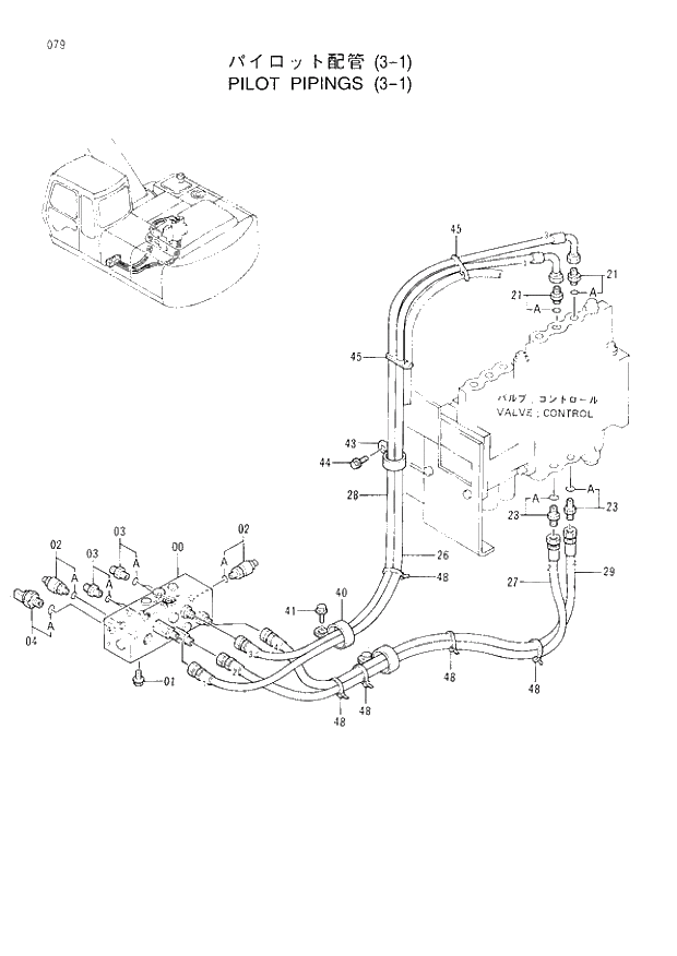 Схема запчастей Hitachi EX200H-3 - 079 PILOT PIPINGS (3-1). 01UPPERSTRUCTURE