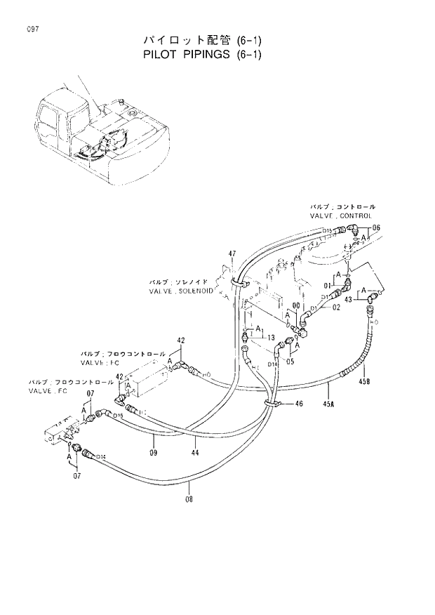Схема запчастей Hitachi EX200-3 - 097 PILOT PIPINGS (6-1). 01UPPERSTRUCTURE
