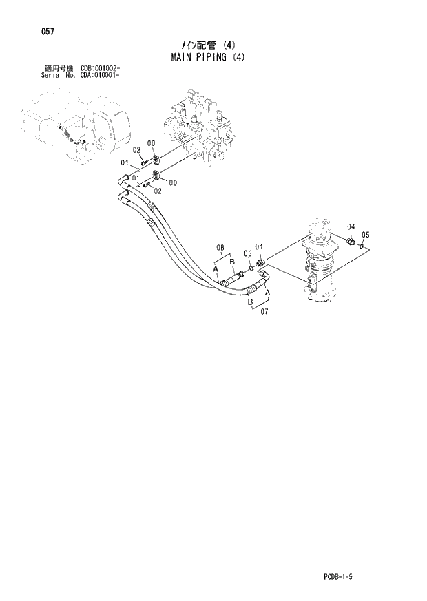 Схема запчастей Hitachi ZX210W - 057 MAIN PIPING (4) (CDA 010001 - CDB 001002 -). 01 UPPERSTRUCTURE