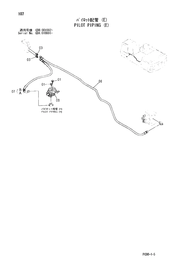 Схема запчастей Hitachi ZX210W - 107 PILOT PIPING (E) (CDA 010001 - CDB 001002 -). 01 UPPERSTRUCTURE