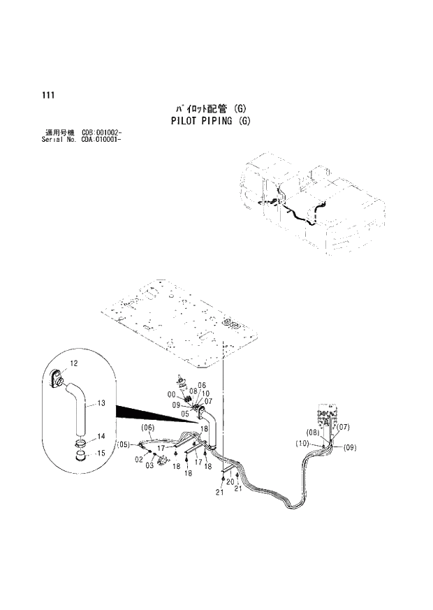 Схема запчастей Hitachi ZX210W - 111 PILOT PIPING (G) (CDA 010001 - CDB 001002 -). 01 UPPERSTRUCTURE