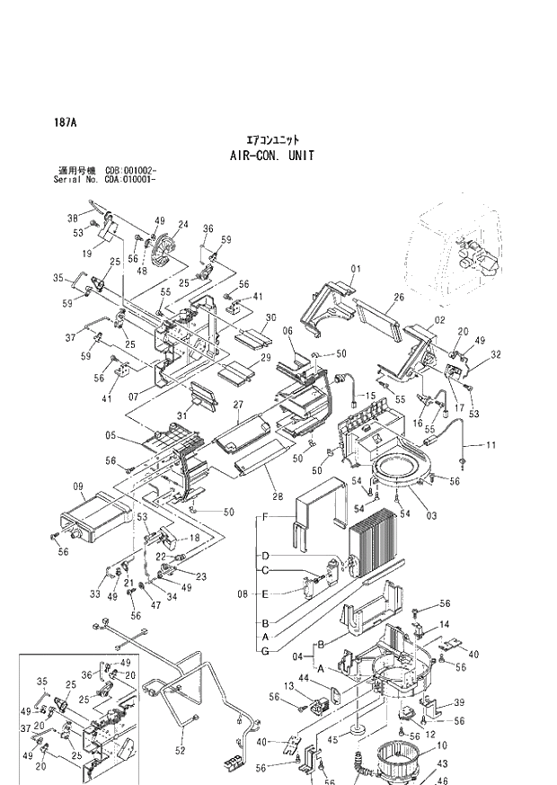Схема запчастей Hitachi ZX210W - 187 AIR-CON. UNIT (CDA 010001 - CDB 001002 -). 01 UPPERSTRUCTURE