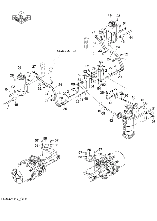 Схема запчастей Hitachi ZX140W-3 - 242 RAM PIPING ( CEB CED 005001-, CEA 050001-). 02 UNDERCARRIAGE