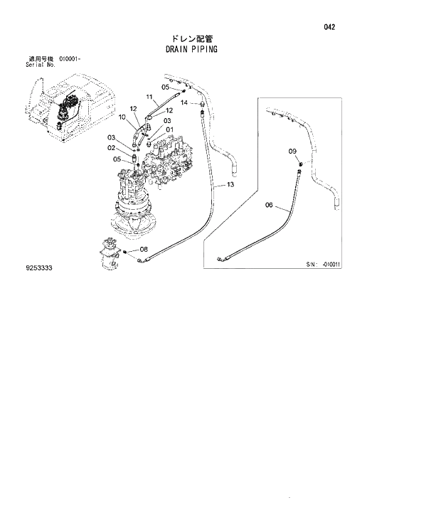 Схема запчастей Hitachi ZX180W-3 - 042 DRAIN PIPING. 01 UPPERSTRUCTURE
