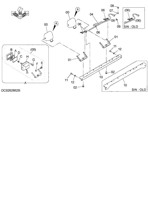 Схема запчастей Hitachi ZX140W-3 - 104 FRONT HEAD LAMP PARTS (2 LAMP WITH RAIN-GUARD UPPER) ( CEB CED 002001-, CEA 020001-). 01 UPPERSTRUCTURE