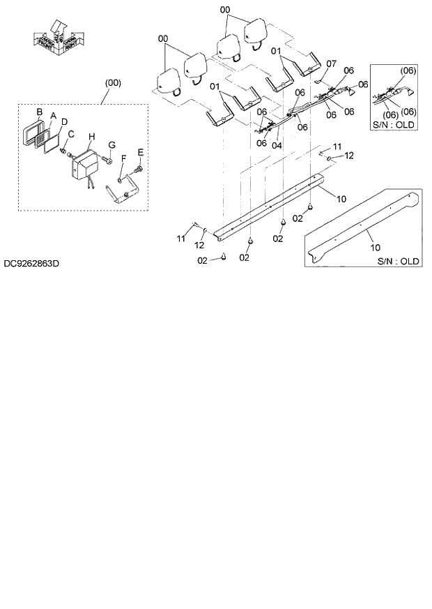 Схема запчастей Hitachi ZX140W-3 - 107 FRONT HEAD LAMP PARTS (4 LAMP WITH RAIN-GUARD UPPER) ( CEB CED 002001-, CEA 020001-). 01 UPPERSTRUCTURE