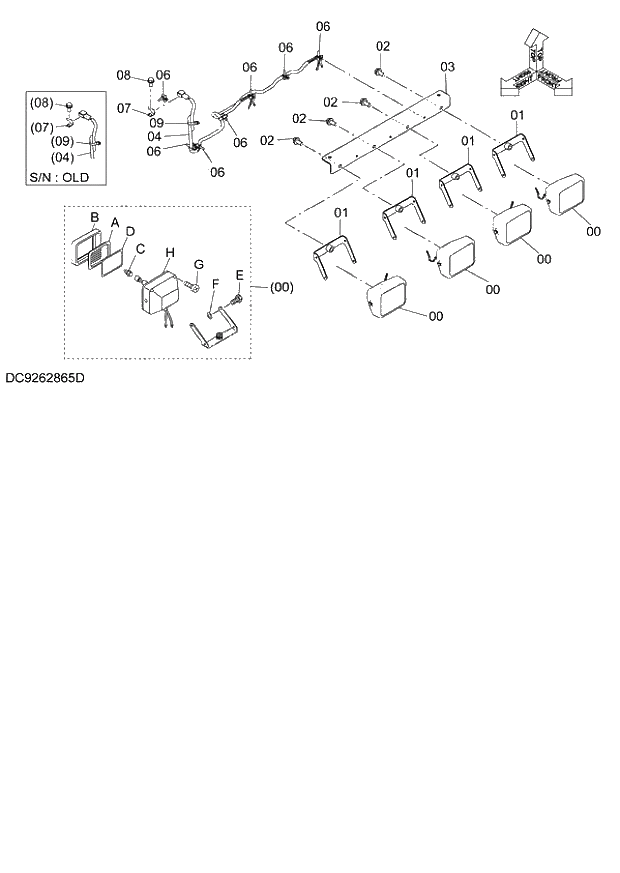 Схема запчастей Hitachi ZX140W-3 - 108 FRONT HEAD LAMP PARTS (4 LAMP WITH RAIN GUARD UNDER) ( CEB CED 002001-, CEA 020001-). 01 UPPERSTRUCTURE