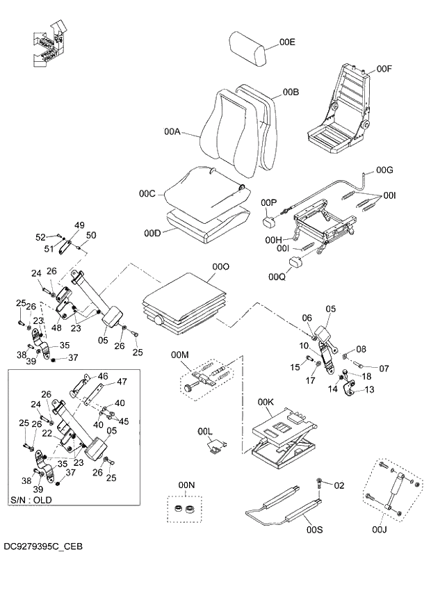 Схема запчастей Hitachi ZX140W-3 - 185 SUSPENSION SEAT (WITHOUT HEATER) ( CEB CED 002001-, CEA 020001-). 01 UPPERSTRUCTURE