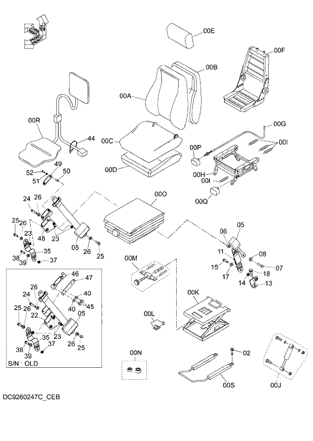 Схема запчастей Hitachi ZX140W-3 - 186 SUSPENSION SEAT (WITH HEATER) ( CEB CED 002001-, CEA 020001-). 01 UPPERSTRUCTURE