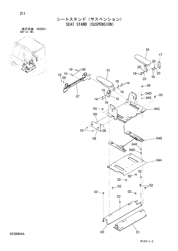 Схема запчастей Hitachi ZX110M-3 - 211_SEAT STAND (SUSPENSION) (020001 -). 01 UPPERSTRUCTURE