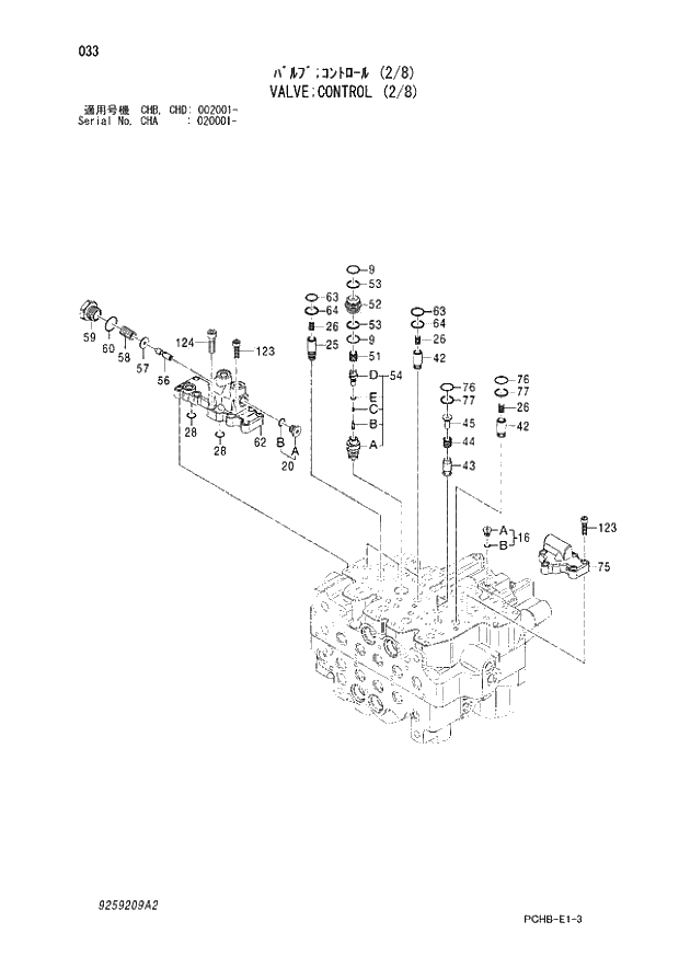 Схема запчастей Hitachi ZX190W-3 - 033 VALVE CONTROL (2-8) (CHA 020001 - CHB - CHB CHD 002001 -). 03 VALVE