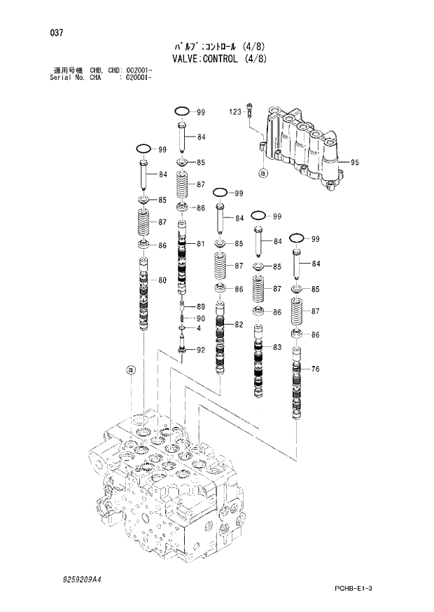 Схема запчастей Hitachi ZX190W-3 - 037 VALVE CONTROL (4-8) (CHA 020001 - CHB - CHB CHD 002001 -). 03 VALVE