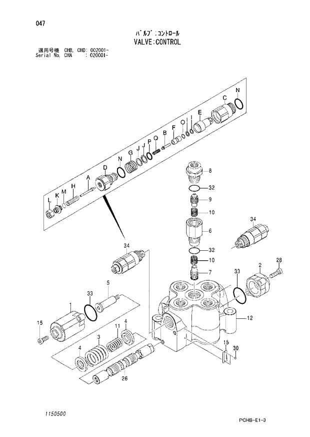 Схема запчастей Hitachi ZX190W-3 - 047 VALVE CONTROL (CHA 020001 - CHB - CHB CHD 002001 -). 03 VALVE