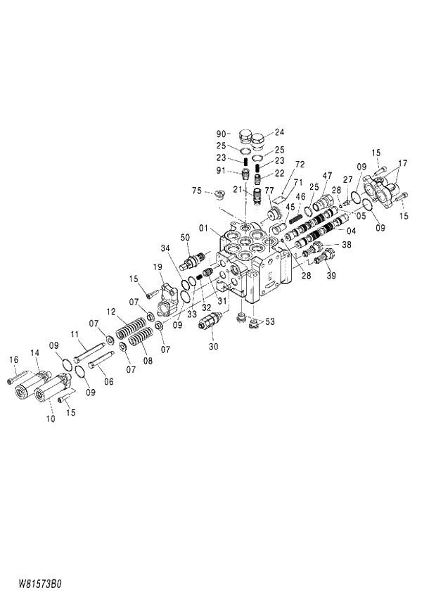 Схема запчастей Hitachi ZW180 - 251 VALVE MAIN (5SP) (1-2) (000101-004999, 005101-). 03 VALVE