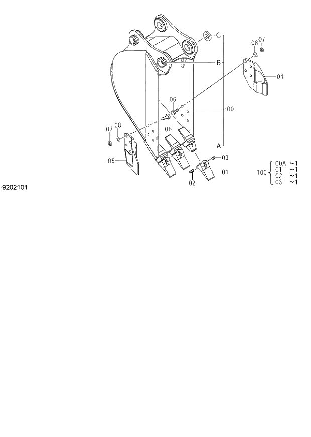 Схема запчастей Hitachi ZX140W-3 - 265 BUCKET 0.19m3 (JIS 94) ( CEB CED 002001-, CEA 020001-). 03 FRONT-END ATTACHMENTS(MONO-BOOM)