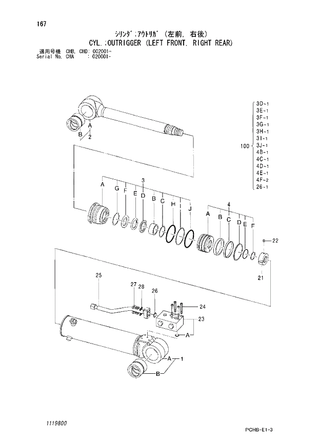 Схема запчастей Hitachi ZX190W-3 - 167 CYL. UTRIGGER (LEFT FRONT, RIGHT REAR) (CHA 020001 - CHB - CHB CHD 002001 -). 05 CYLINDER