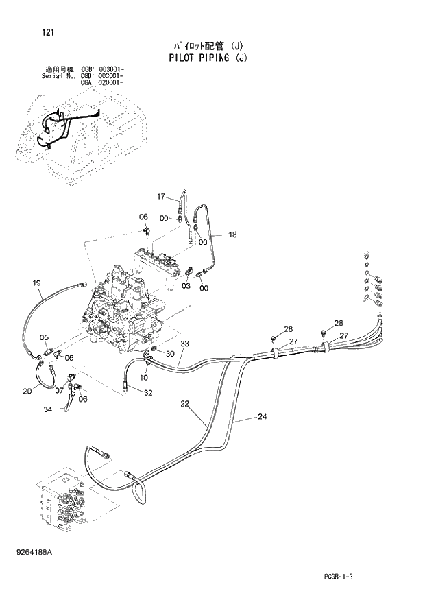 Схема запчастей Hitachi ZX170W-3 - 121 PILOT PIPING (J) (CGA 020001 - CGB 003001 - CGD 003001 -). 01 UPPERSTRUCTURE