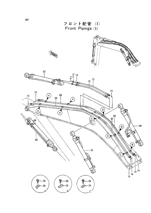 Схема запчастей Hitachi EX120-2 - 187 FRONT PIPINGS (1) (030001 -). 03 FRONT-END ATTACHMENTS