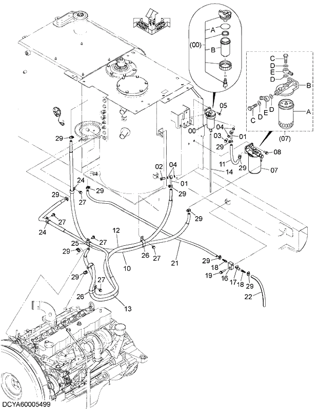 Схема запчастей Hitachi ZX210K-5G - 017 FUEL PIPING (DOUBLE FILTER) 02 ENGINE