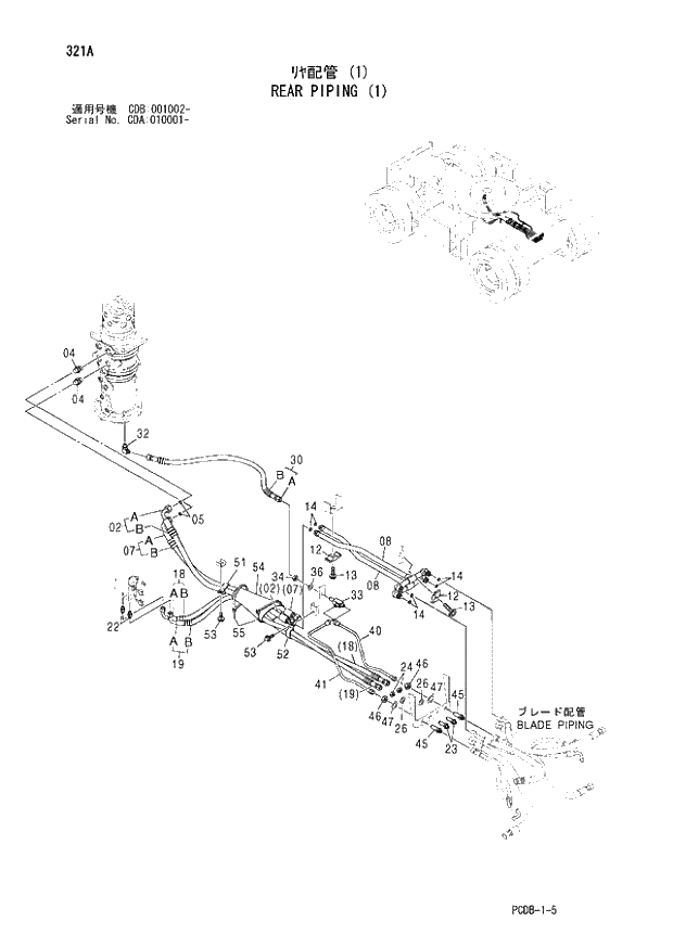 Схема запчастей Hitachi ZX210W - 321 REAR PIPING (1) (CDA 010001 - CDB 001002 -). 02 UNDERCARRIAGE