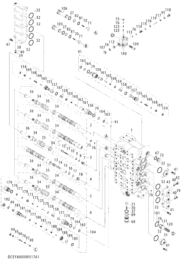 Схема запчастей Hitachi ZX870LCR-3 - 025 VALVE CONTROL (1-4) (020997-). 03 VALVE
