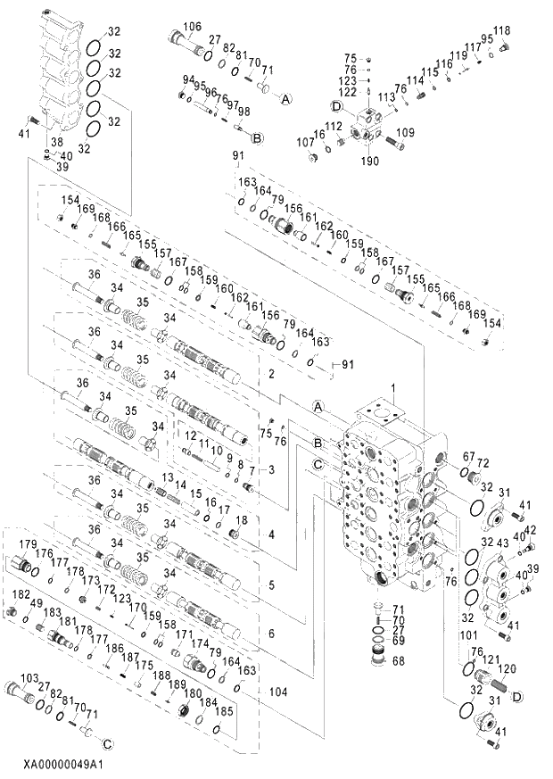 Схема запчастей Hitachi ZX850LC-3 - 029 VALVE CONTROL (1-4) (020001-). 03 VALVE