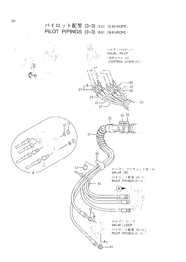 Схема запчастей Hitachi EX60LC-3 - 081 PILOT PIPINGS (3-3)(EU)(N.EUROPE) (040001 -). 01 UPPERSTRUCTURE