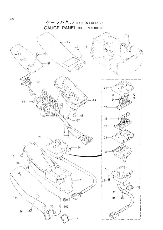Схема запчастей Hitachi EX60-3 - 097 GAUGE PANEL EU (N.EUROPE) (040001 -). 01 UPPERSTRUCTURE