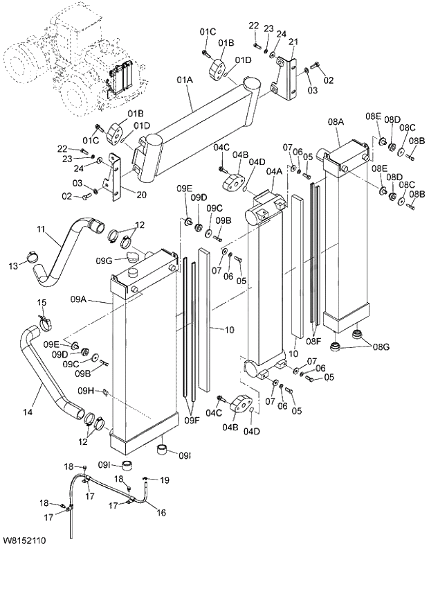 Схема запчастей Hitachi ZW180 - 001 COOLING DEVICE (000101-004999, 005101-). 01 ENGINE