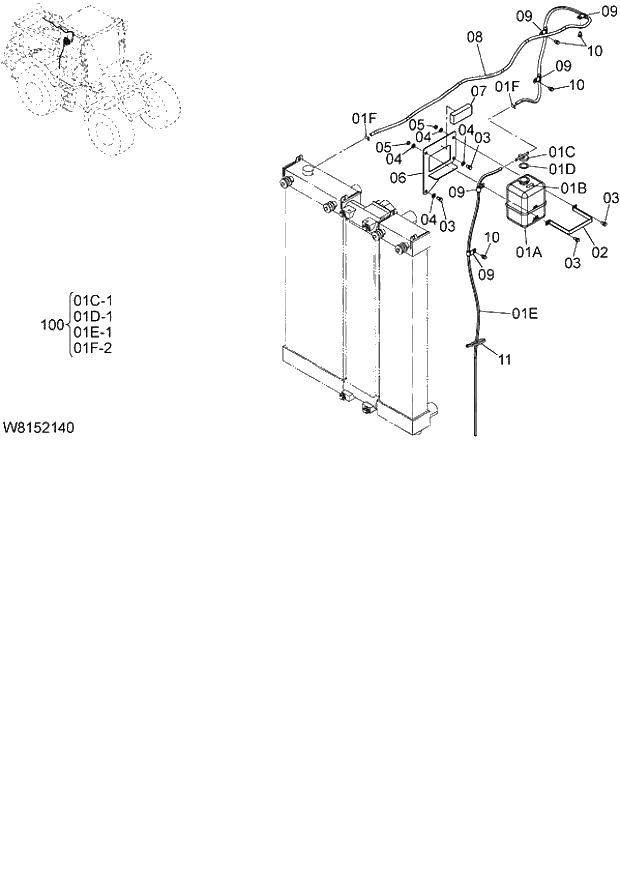 Схема запчастей Hitachi ZW180 - 007 RESERVE TANK (000101-004999, 005101-). 01 ENGINE