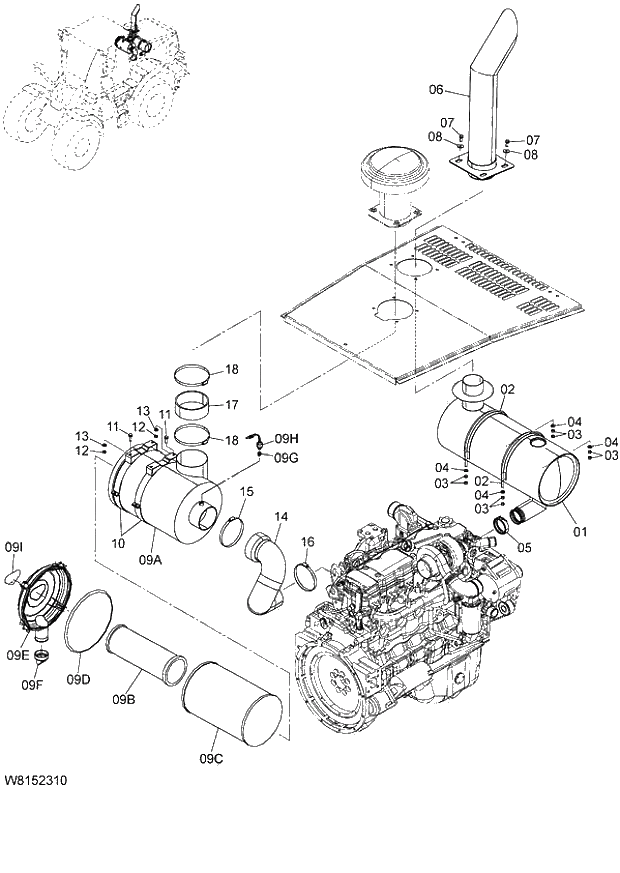 Схема запчастей Hitachi ZW180 - 013 INLET, EXHAUST DEVICE (000101-004999, 005101-). 01 ENGINE