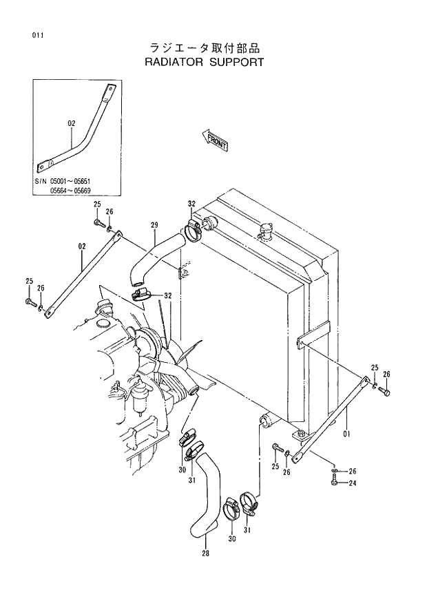 Схема запчастей Hitachi EX400-3 - 011 RADIATOR SUPPORT (005001 -). 01 UPPERSTRUCTURE