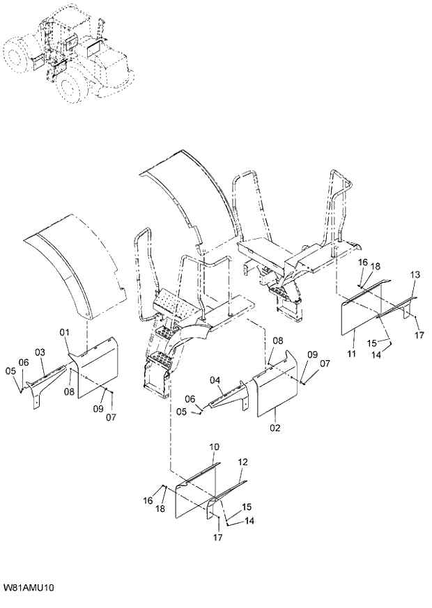 Схема запчастей Hitachi ZW250 - 060_MUD GUARD(MDG) (000101-004999, 005101-). 03 CHASSIS