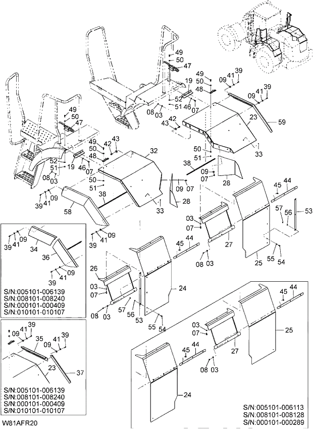 Схема запчастей Hitachi ZW250 - 062_FULL REAR FENDER(1-2)(FRF) (000101-000409, 005101-006141, 008101-008240, 010101-010107). 03 CHASSIS