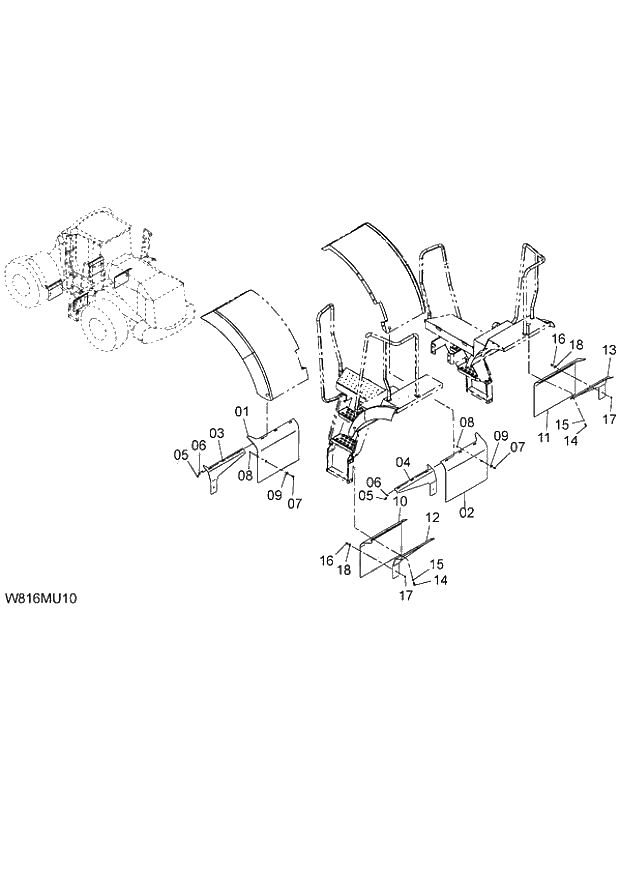 Схема запчастей Hitachi ZW220 - 058_MUD GUARD(MDG) (000101-004999, 005101-). 03 CHASSIS