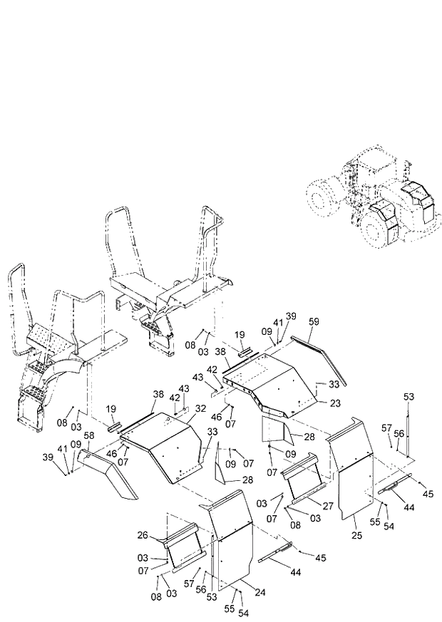 Схема запчастей Hitachi ZW220 - 061_FULL REAR FENDER(1-2)(FRF) (000638-004999, 006262-007999, 008407-009999, 010127-). 03 CHASSIS