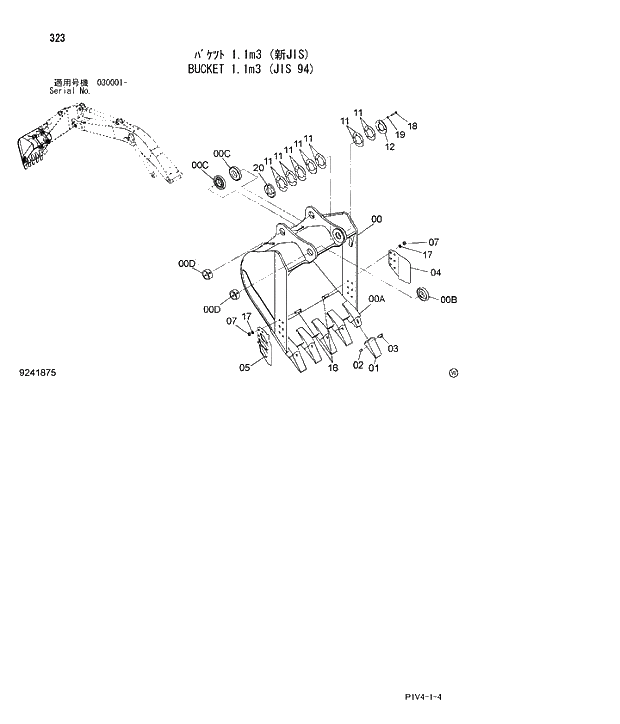 Схема запчастей Hitachi ZX270-3 - 323 BUCKET 1.1m3(JIS 94). 03 FRONT-END ATTACHMENTS(MONO-BOOM)