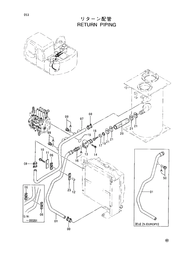 Схема запчастей Hitachi EX60-5 - 053 RETURN PIPINGS (050001 -). 01 UPPERSTRUCTURE