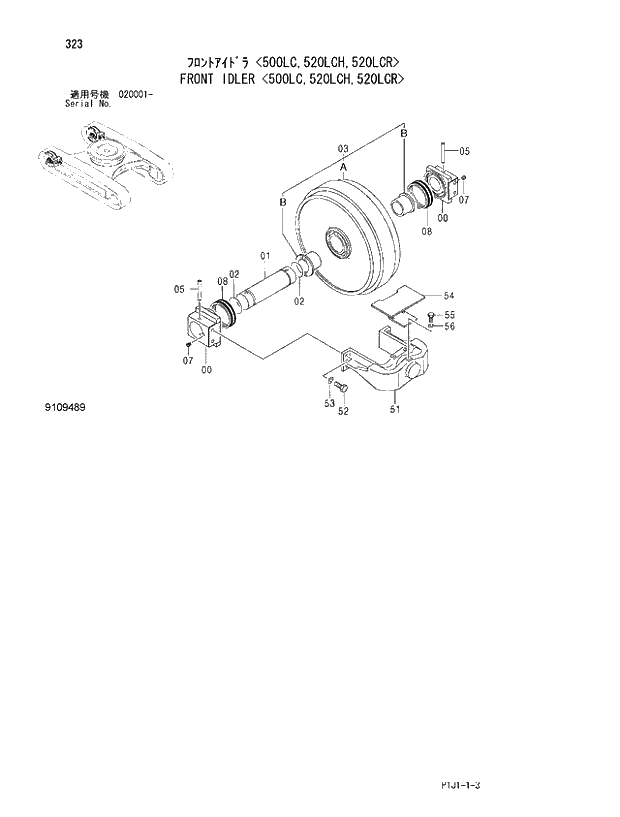 Схема запчастей Hitachi ZX520LC-3 - 323_FRONT IDLER 500LC,520LCH,520LCR (020001 -). 02 UNDERCARRIAGE