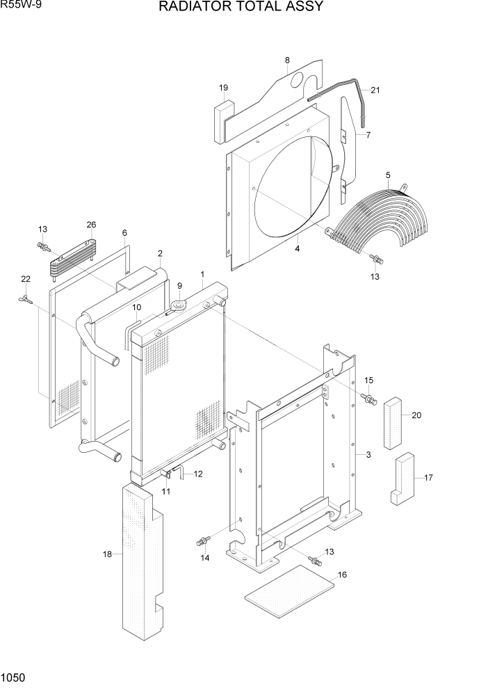 Схема запчастей Hyundai R55W-9 - PAGE 1050 RADIATOR TOTAL ASSY СИСТЕМА ДВИГАТЕЛЯ