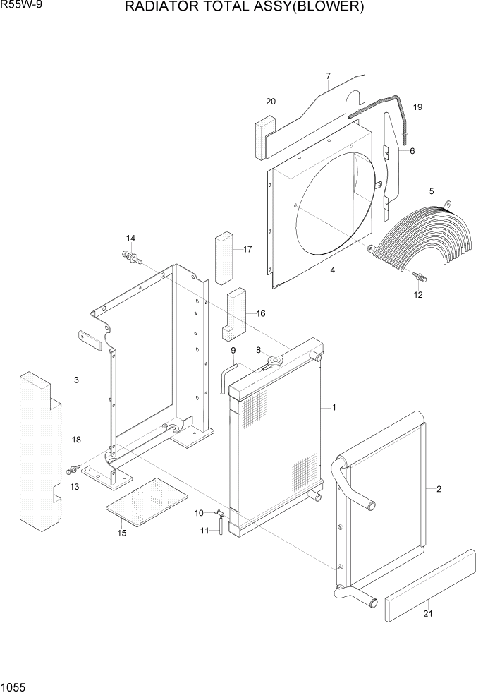 Схема запчастей Hyundai R55W-9 - PAGE 1055 RADIATOR TOTAL ASSY(BLOWER, -#1040) СИСТЕМА ДВИГАТЕЛЯ