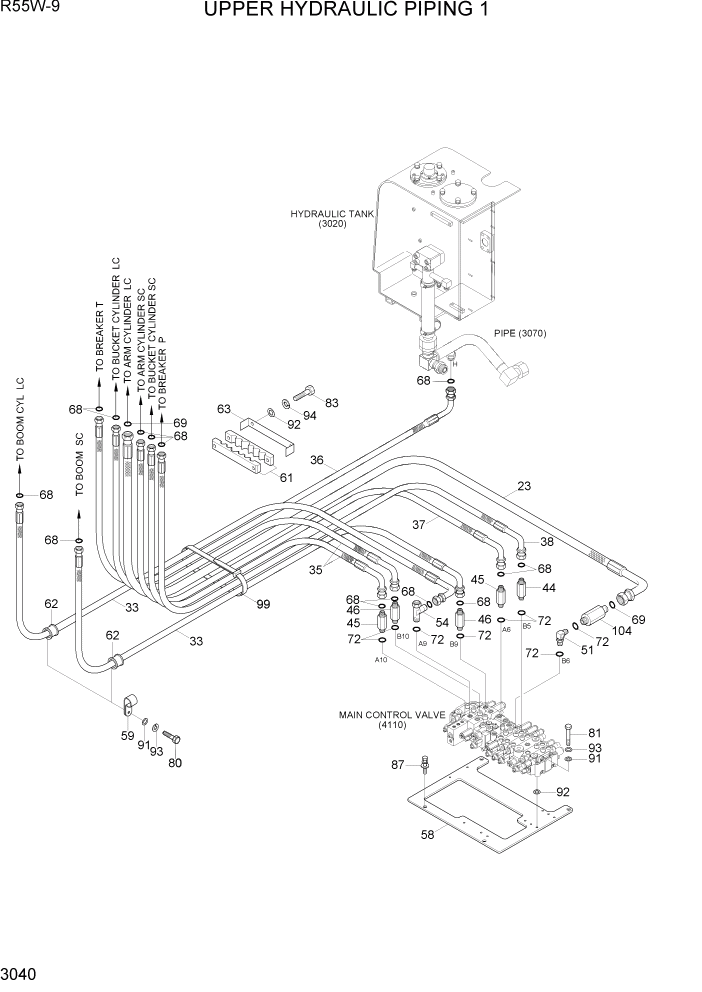 Схема запчастей Hyundai R55W-9 - PAGE 3040 UPPER HYDRAULIC PIPING 1 ГИДРАВЛИЧЕСКАЯ СИСТЕМА