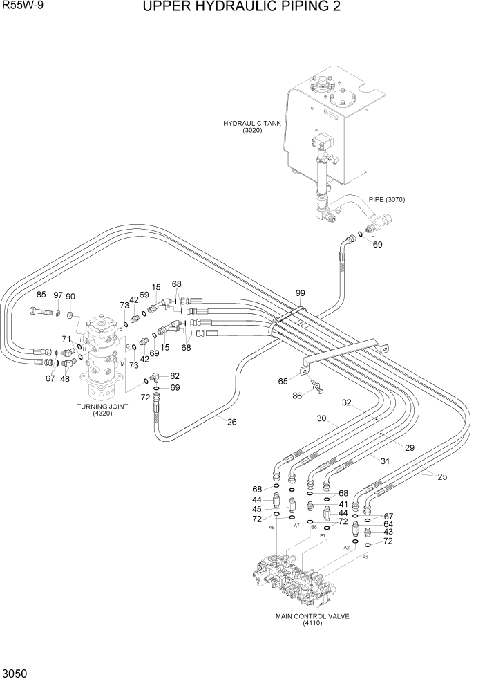 Схема запчастей Hyundai R55W-9 - PAGE 3050 UPPER HYDRAULIC PIPING 2 ГИДРАВЛИЧЕСКАЯ СИСТЕМА