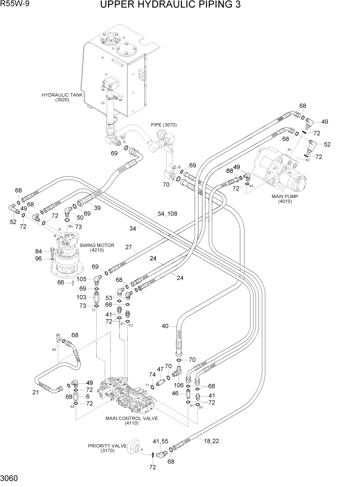 Схема запчастей Hyundai R55W-9 - PAGE 3060 UPPER HYDRAULIC PIPING 3 ГИДРАВЛИЧЕСКАЯ СИСТЕМА