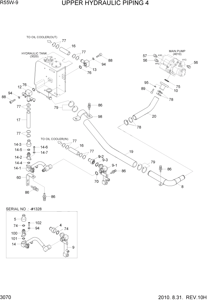 Схема запчастей Hyundai R55W-9 - PAGE 3070 UPPER HYDRAULIC PIPING 4 ГИДРАВЛИЧЕСКАЯ СИСТЕМА