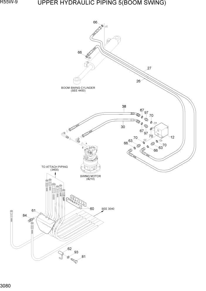 Схема запчастей Hyundai R55W-9 - PAGE 3080 UPPER HYDRAULIC PIPING 5 (BOOM SWING) ГИДРАВЛИЧЕСКАЯ СИСТЕМА