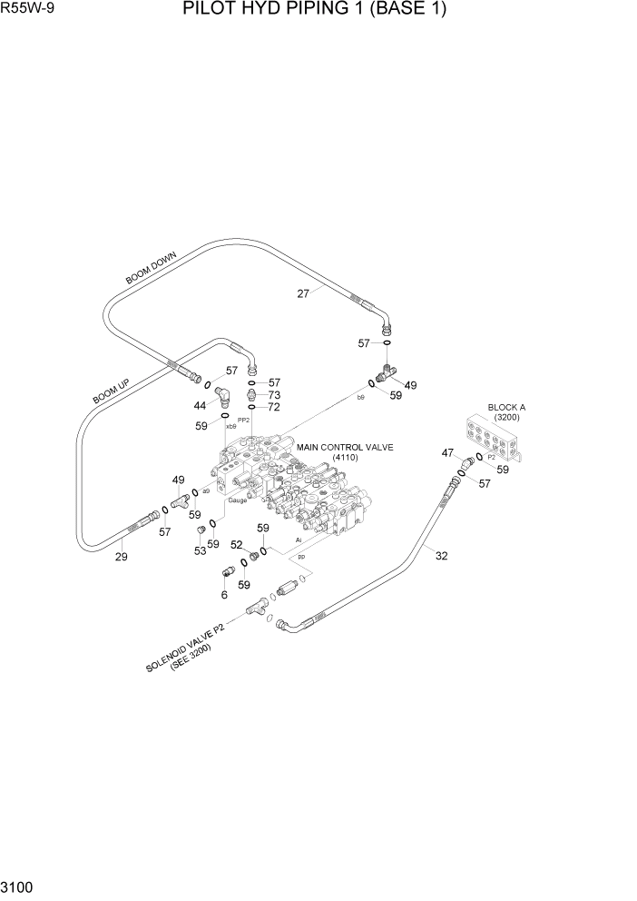 Схема запчастей Hyundai R55W-9 - PAGE 3100 PILOT HYD PIPING 1 (BASE 1) ГИДРАВЛИЧЕСКАЯ СИСТЕМА